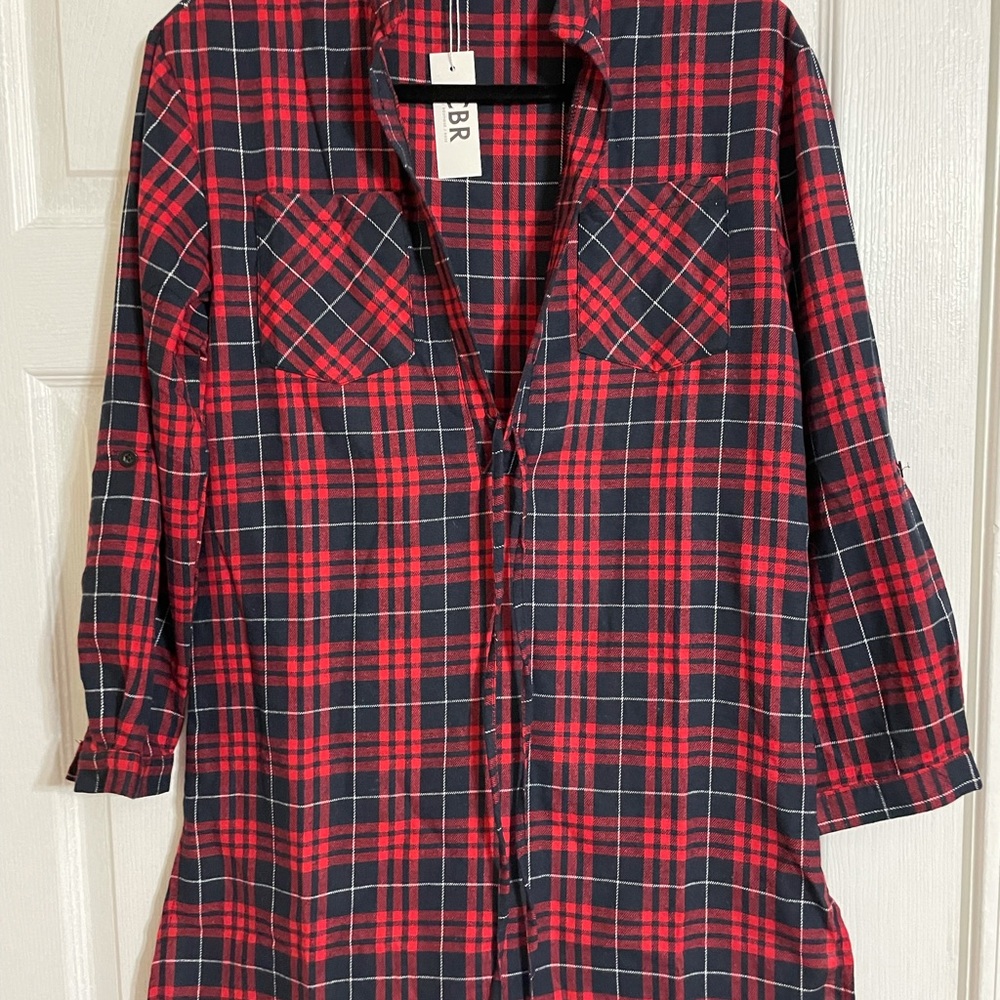 Plaid Lace-Up Side Slit Shirt Dress